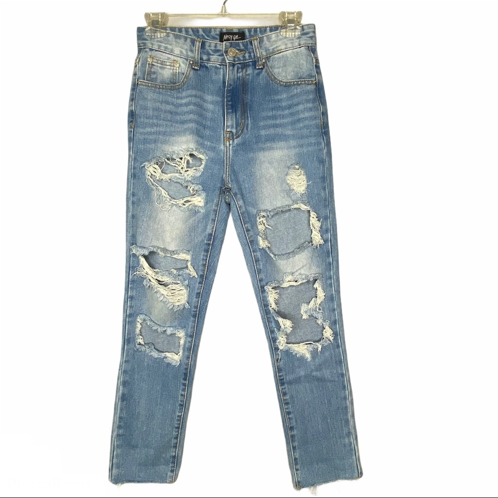 Nasty Gal Distressed Raw Hem Straight Leg Mom Jeans 4